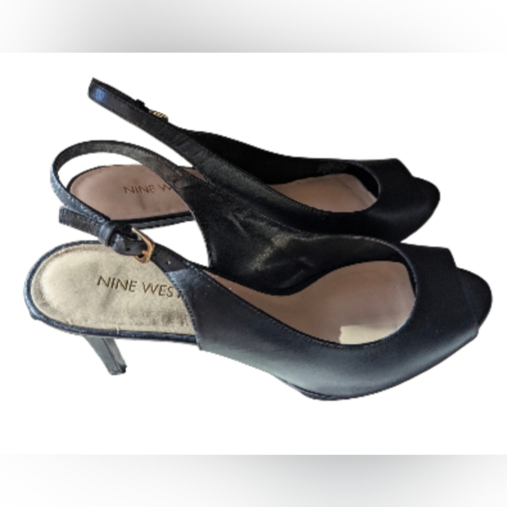 Nine West Black Slingback Peep-Toe Heels. Gently Pre Owned. Leather Uppers.